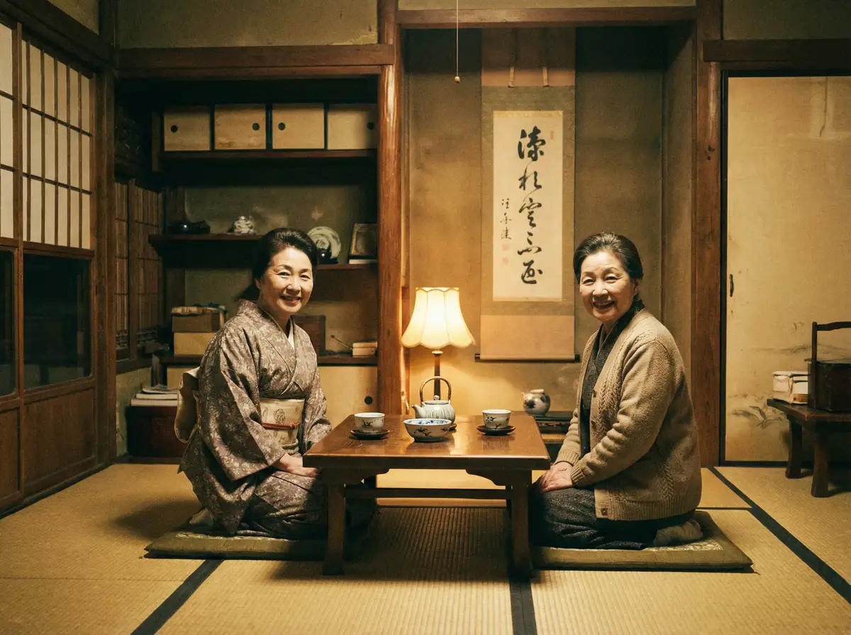 两位优雅的 果冻传媒视频一二三区艾秋 在日式茶室中品茶交谈